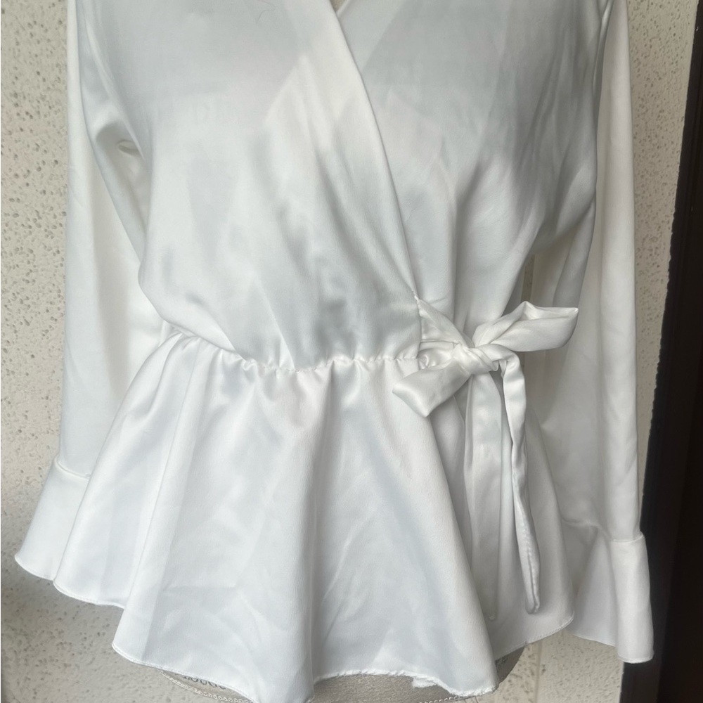 Women's  Long Sleeve Wrap Ruffle Front white blouse